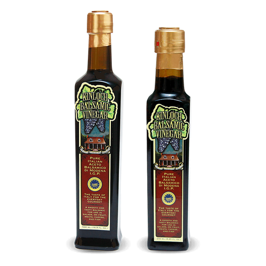 Kinloch gourmet balsamic vinegar earned the IGP seal, great for salad dressing, Finishing for roasted Brussels sprouts, Balsamic reduction on grilled meats, Crostini appetizer, Tomato basil salad. It is sweet and sour and made in Modena, Italy.