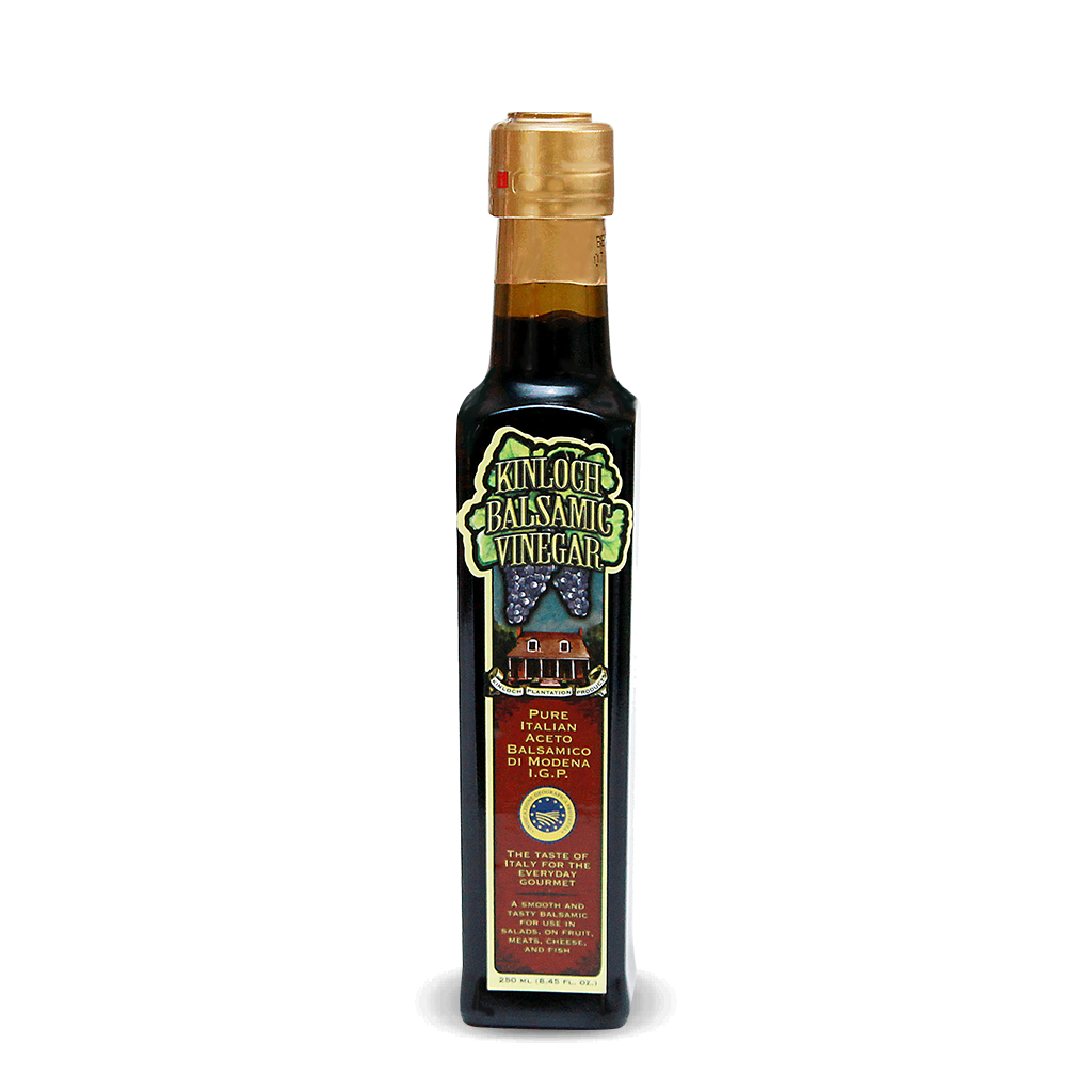 Kinloch gourmet balsamic vinegar earned the IGP seal, great for salad dressing, Finishing for roasted Brussels sprouts, Balsamic reduction on grilled meats, Crostini appetizer, Tomato basil salad. It is sweet and sour and made in Modena, Italy.