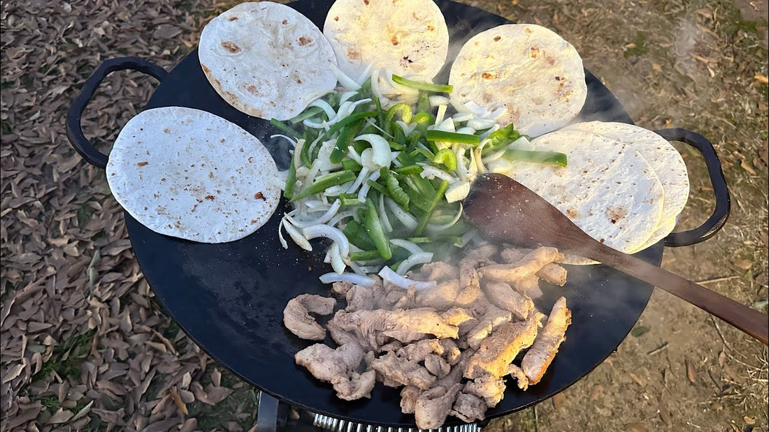 Big Lew's Chicken Fajitas and Hominy in a Discada on a Rocket Stove