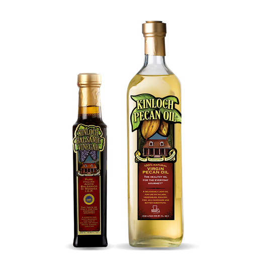 Pecan oil is a good substitute for and healthier than olive oil, with heart-healthy fats and a high smoke point. It makes a great gift for cooks - perfect for Mother's Day or Father's Day presents. Kinloch balsamic vinegar is IGP approved, has a sweet and sour flavor from Modena, Italy, and is the best balsamic for salads, over roasted Brussels sprouts, in crostini appetizers or for balsamic reduction.