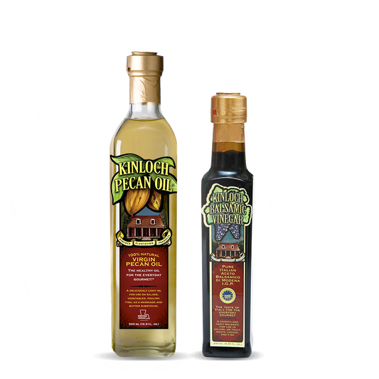 Pecan oil is a good substitute for and healthier than olive oil, with heart-healthy fats and a high smoke point. It makes a great gift for cooks - perfect for Mother's Day or Father's Day presents. Kinloch balsamic vinegar is IGP approved, has a sweet and sour flavor from Modena, Italy, and is the best balsamic for salads, over roasted Brussels sprouts, in crostini appetizers or for balsamic reduction.