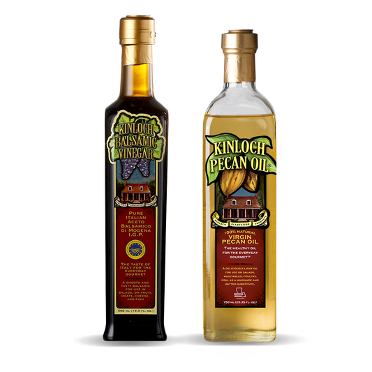 Pecan oil is a good substitute for and healthier than olive oil, with heart-healthy fats and a high smoke point. It makes a great gift for cooks - perfect for Mother's Day or Father's Day presents. Kinloch balsamic vinegar is IGP approved, has a sweet and sour flavor from Modena, Italy, and is the best balsamic for salads, over roasted Brussels sprouts, in crostini appetizers or for balsamic reduction.
