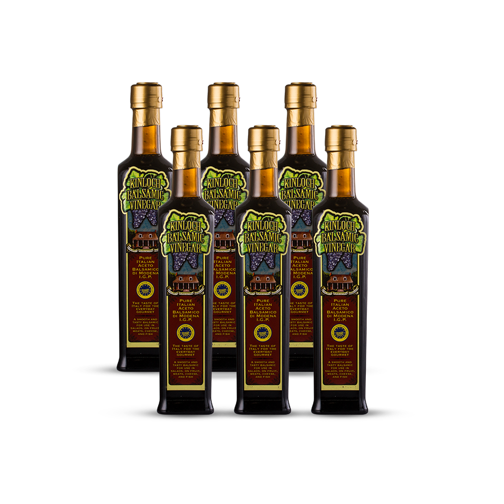 Kinloch gourmet balsamic vinegar earned the IGP seal, great for salad dressing, Finishing for roasted Brussels sprouts, Balsamic reduction on grilled meats, Crostini appetizer, Tomato basil salad. It is sweet and sour and made in Modena, Italy.